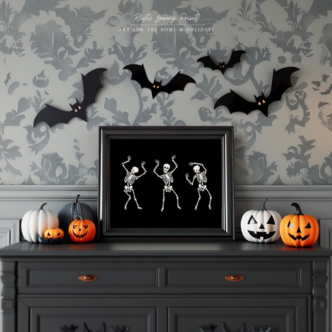 Dancing Skeletons On Black Minimalist Halloween Spooky Fall Party Wall Art Print