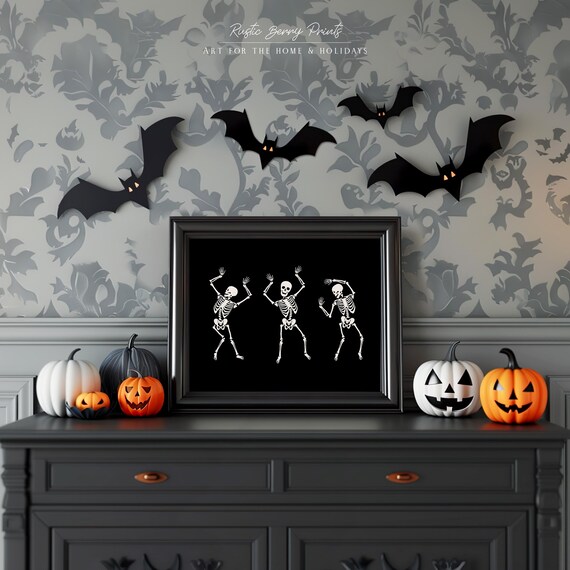 Dancing Skeletons On Black Minimalist Halloween Spooky Fall Party Wall Art Print