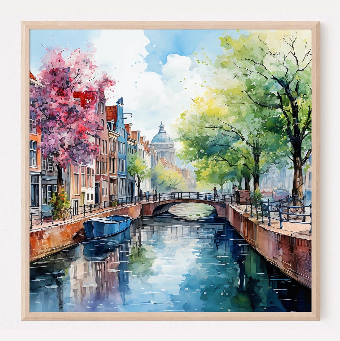 Amsterdam Canal Watercolor Bridge Boats Spring Houses Poster