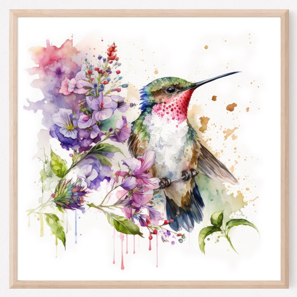 Hummingbird Watercolor Bird and Flowers Art Print
