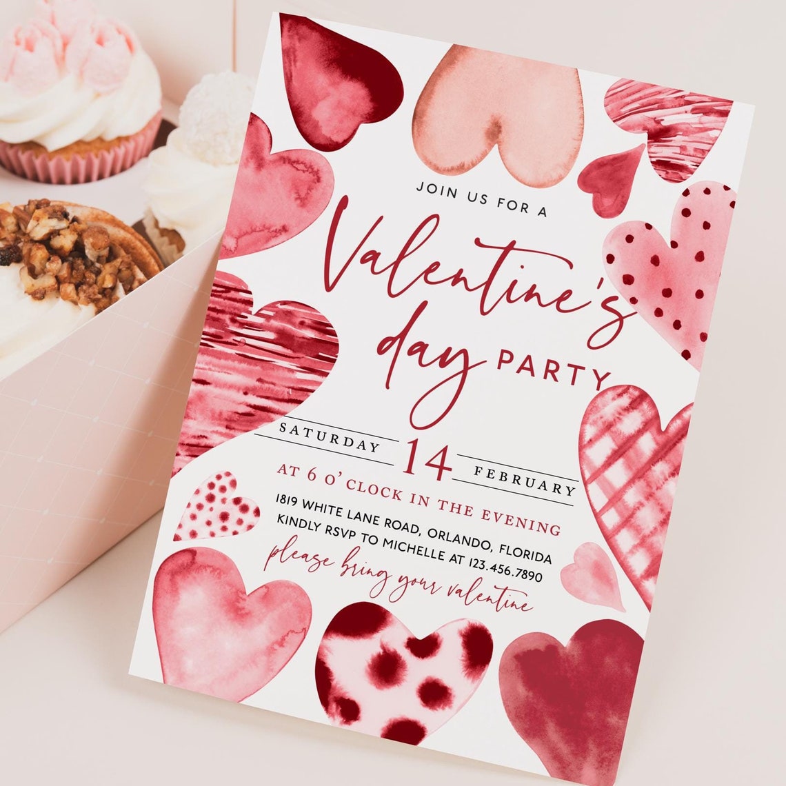 Valentines Day Party Invitation Watercolor Hearts Editable Print