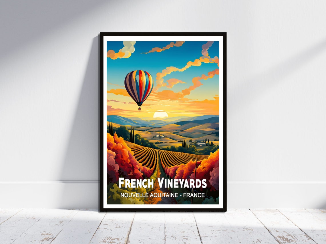 French Vineyards Nouvelle Aquitaine Sunset Balloon Travel Poster