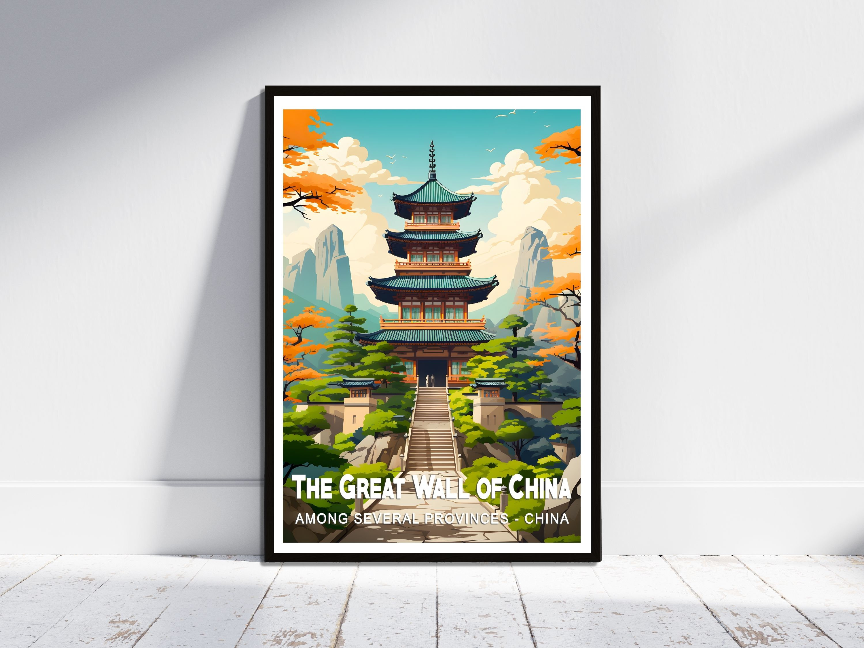 Great Wall of China Pagoda Temple Mountain China Travel Poster