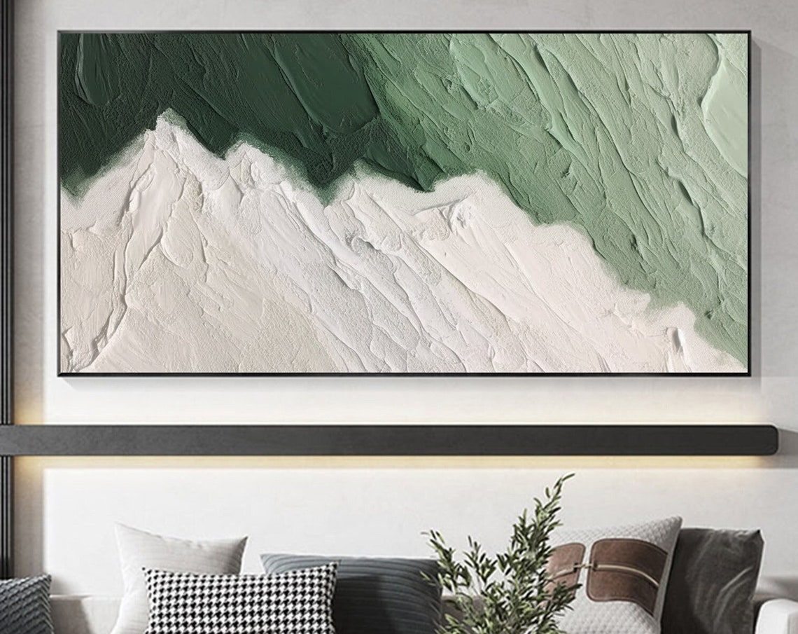 Emerald and White Abstract Wave Texture Minimalist Oil Poster - Image 6