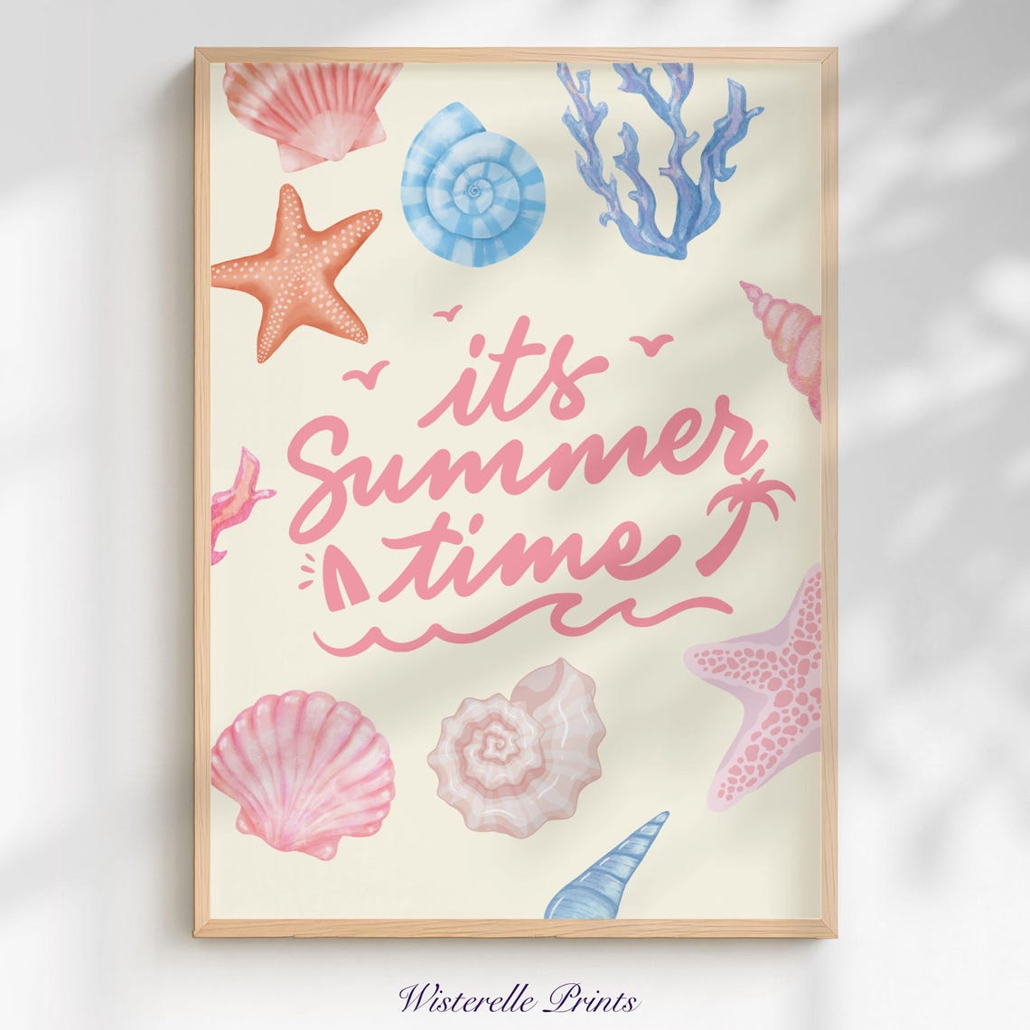 Its Summer Time Pink Script Seashell Starfish Coastal Art Poster