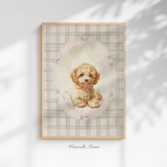 Cockapoo Puppy Sage Gingham Nursery Pastel Pup Portrait Poster