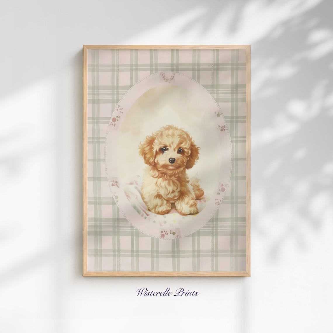 Cockapoo Puppy Sage Gingham Nursery Pastel Pup Portrait Poster
