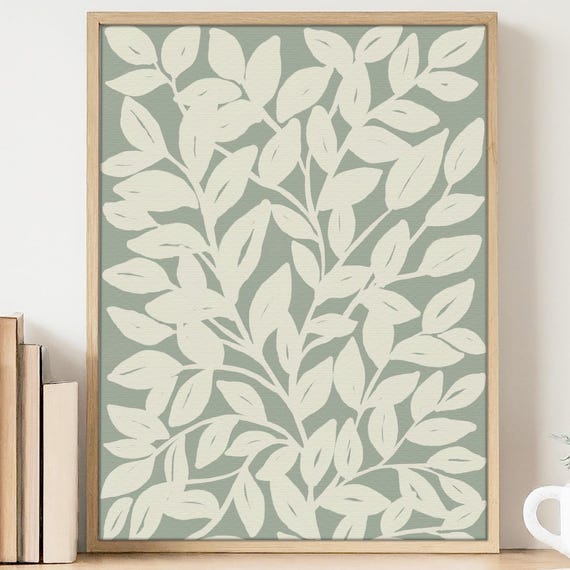Sage Green Wall Art With Beige Leaves Print Neutral Botanical Maximalist 5x7 8x10 11x14 16x20 18x24 24x36 Unframed