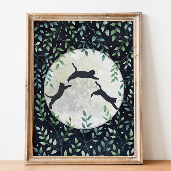 Black Cat Poster Celestial Wall Art Animal Drawing Kitten Painting Over Bed Decor Moon Lovers Gift Night Sky Print Nursery Prints