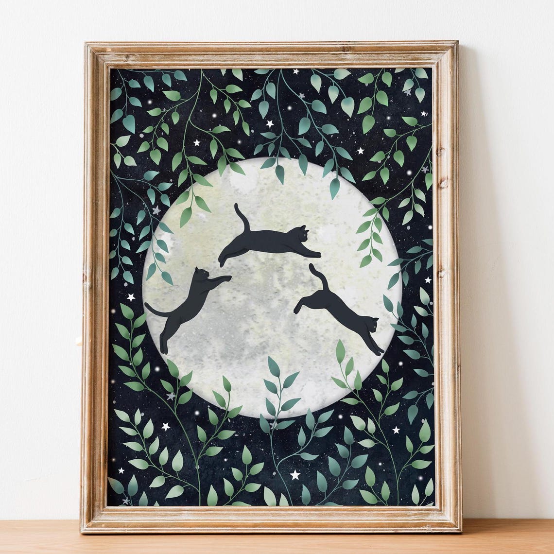 Three Black Cats Leaping Glowing Full Moon Night Sky Beautiful Poster