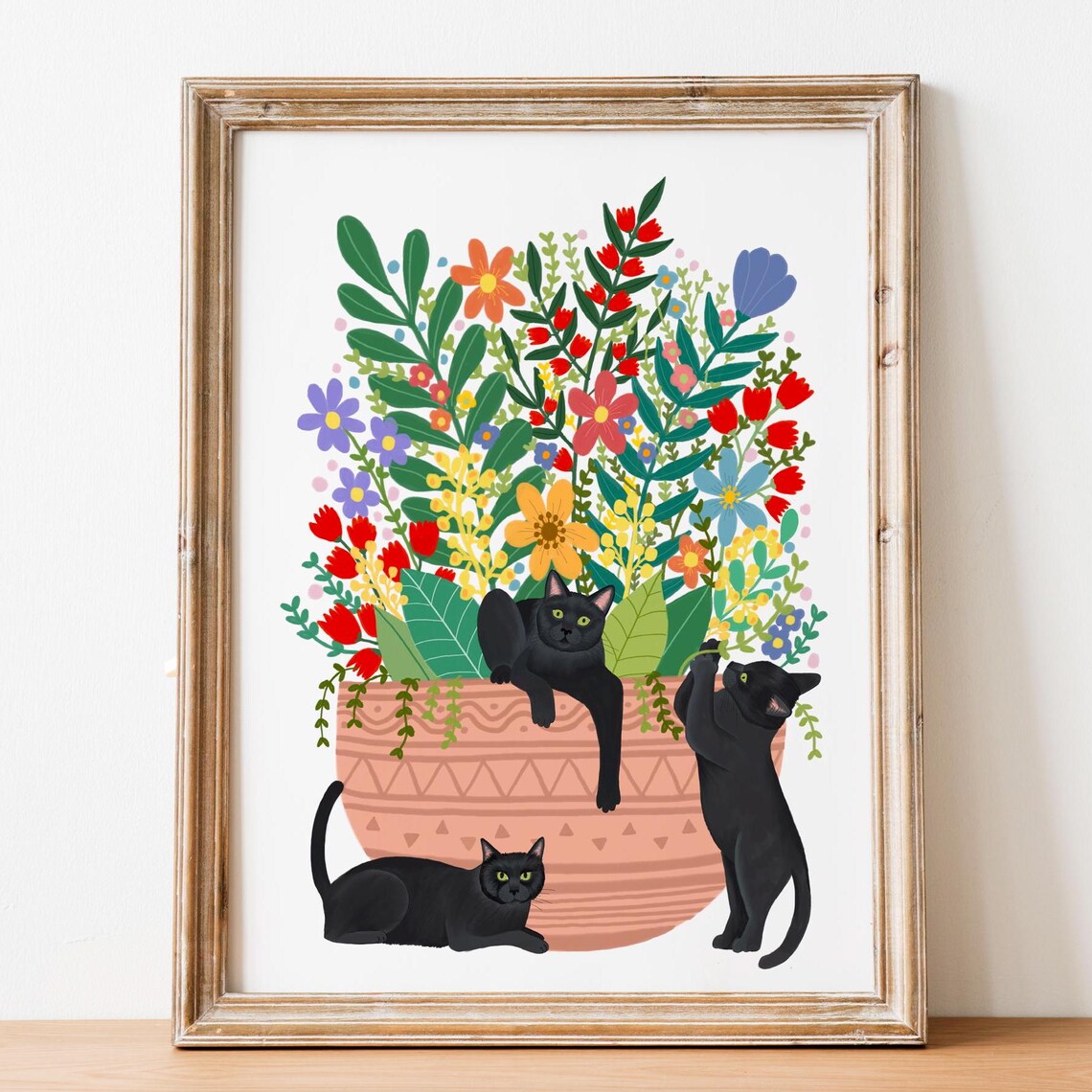 Black Cat Painting, Floral Cat Illustration