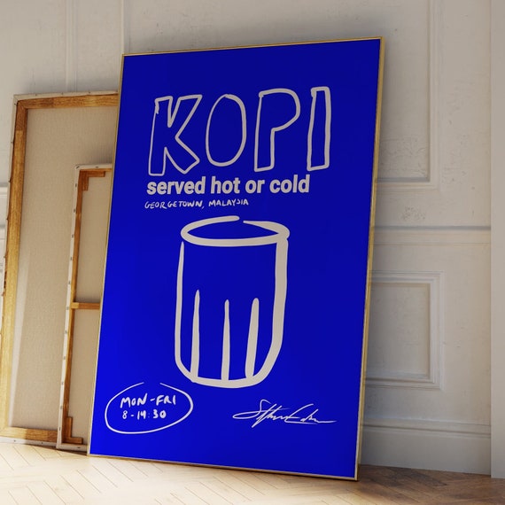 Kopi Poster Retro Food Asian Bar Cart Decor Kitchen Art Chinese Print Vintage Kopitiam Malaysia Blue