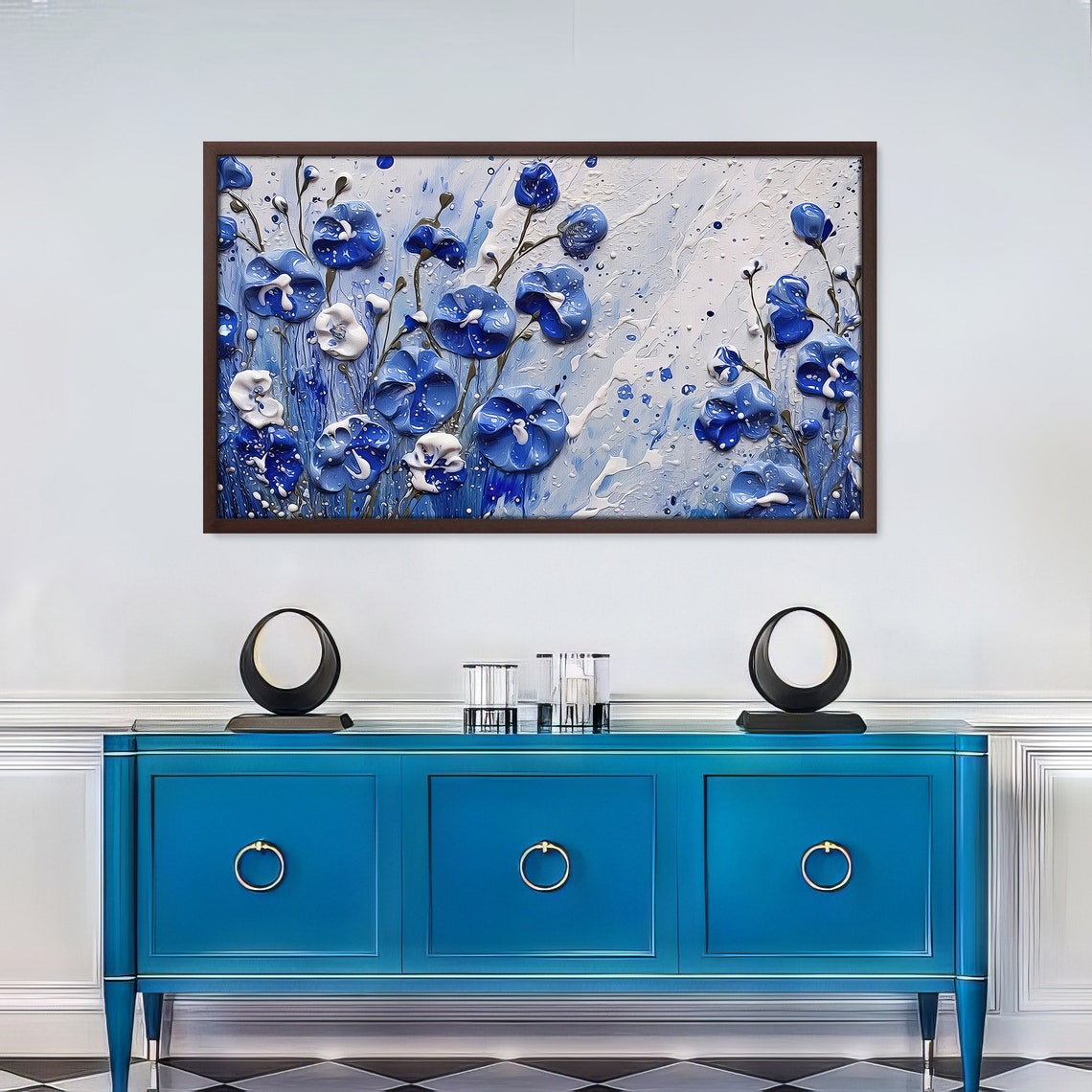 Blue White Impasto Flowers Textured Rainy Background Floral Art Print - Image 4