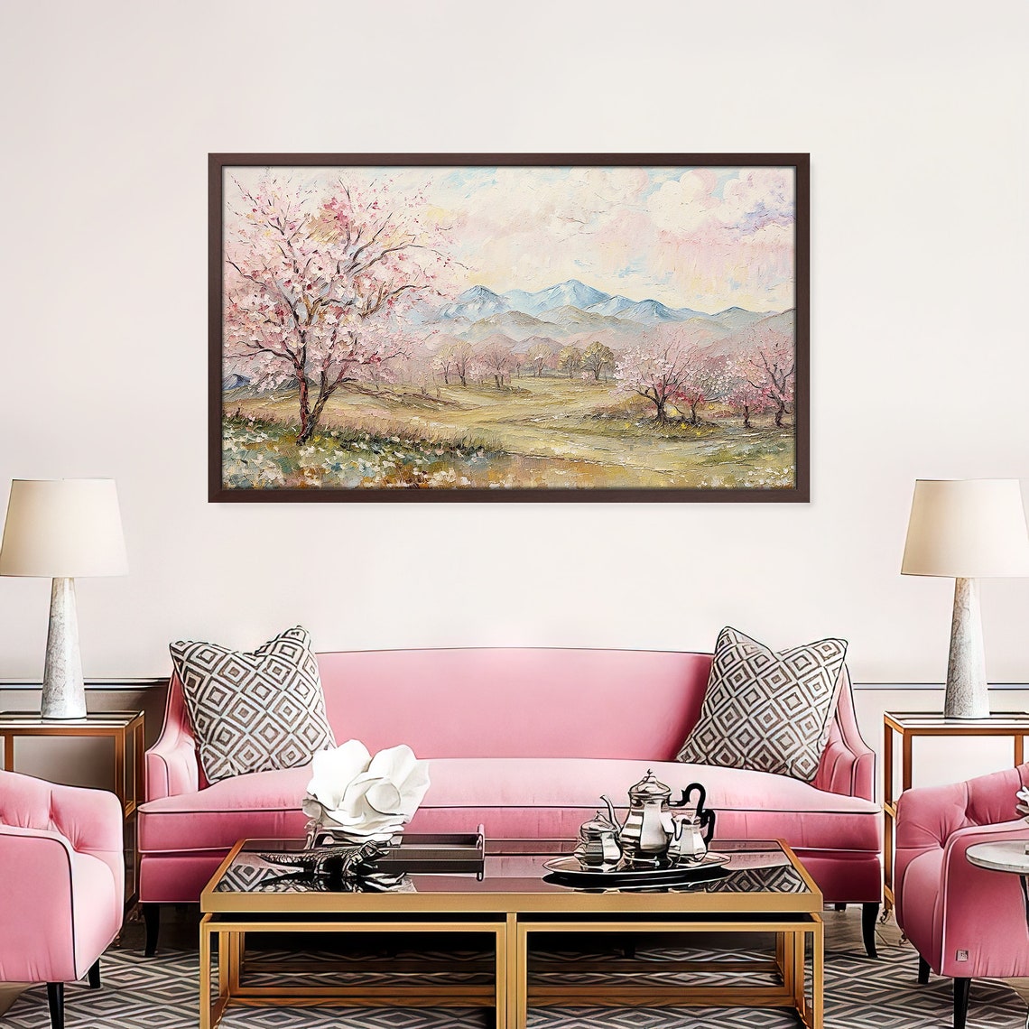 Cherry Blossom Spring Valley Mountains Pastel Pink Landscape Wall Art - Image 2