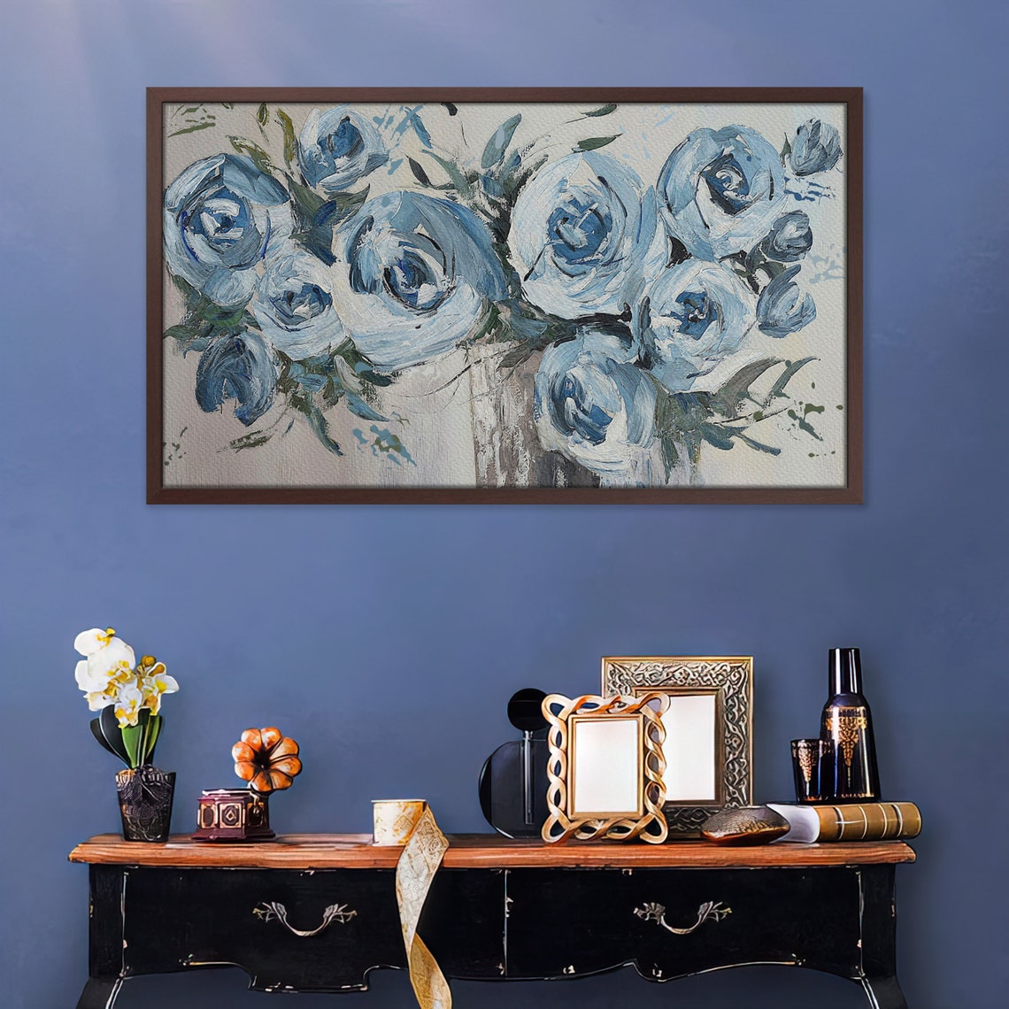 Hand Painted Blue Roses Monochrome Vase Brushwork Elegant Art Poster - Image 2