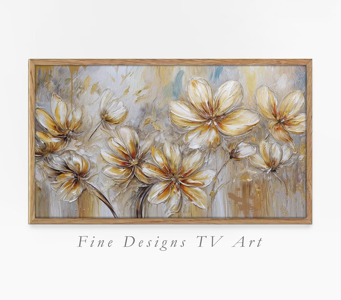 Golden Flowers Abstract Gold Gray Textured Oil Painting Art Print