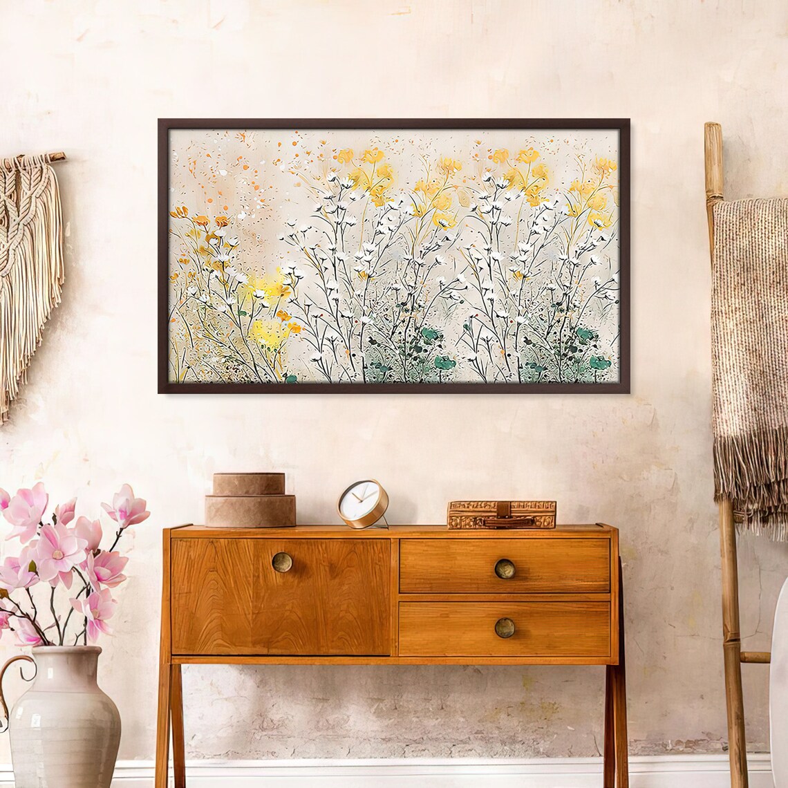 Delicate White Yellow Wildflowers Beige Botanical Floral Art Poster - Image 2