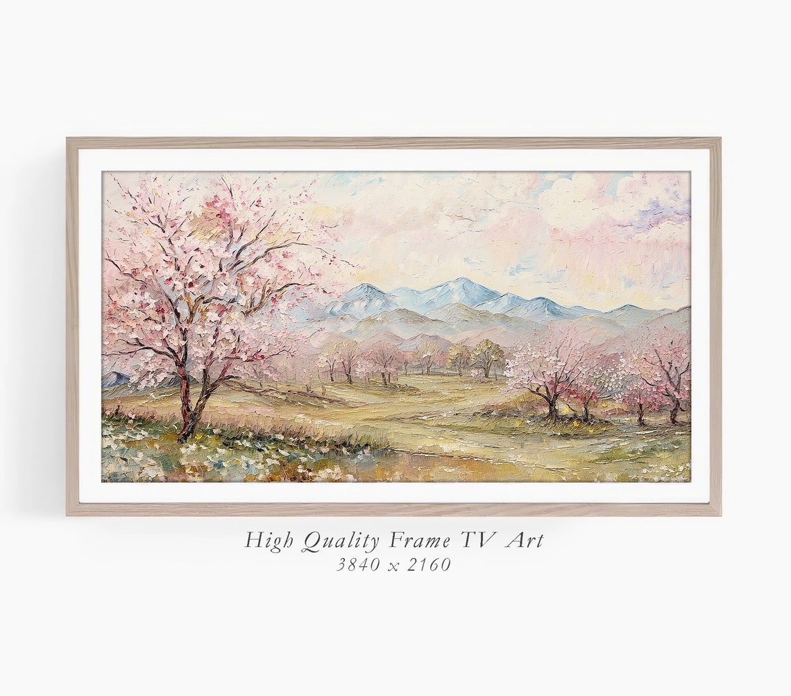Cherry Blossom Spring Valley Mountains Pastel Pink Landscape Wall Art - Image 3