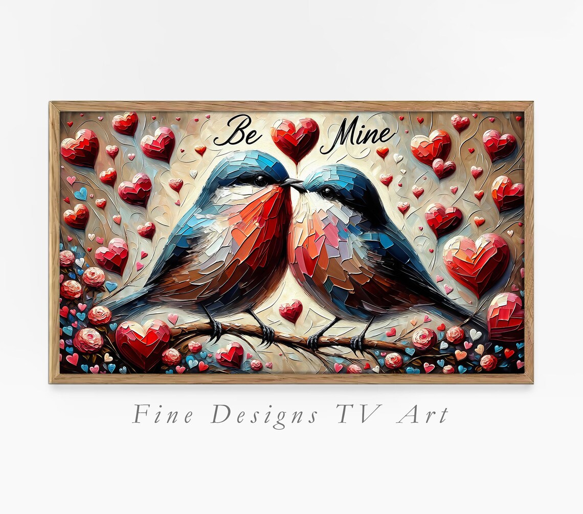 Be Mine Kissing Lovebirds Valentine Heart Mosaic Romantic Bird Poster