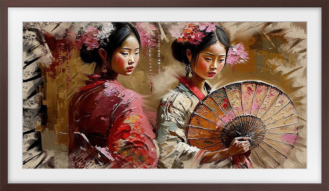 Japanese Geisha Portrait Fan Cherry Blossom Rich Impasto Oil Art Print - Image 3