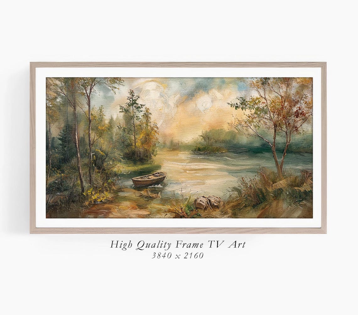 Frame Tv Art Calm River Scene Impressionist Landscape Oil Painting Earth Tone Colors Spring Tv Art - Image 3