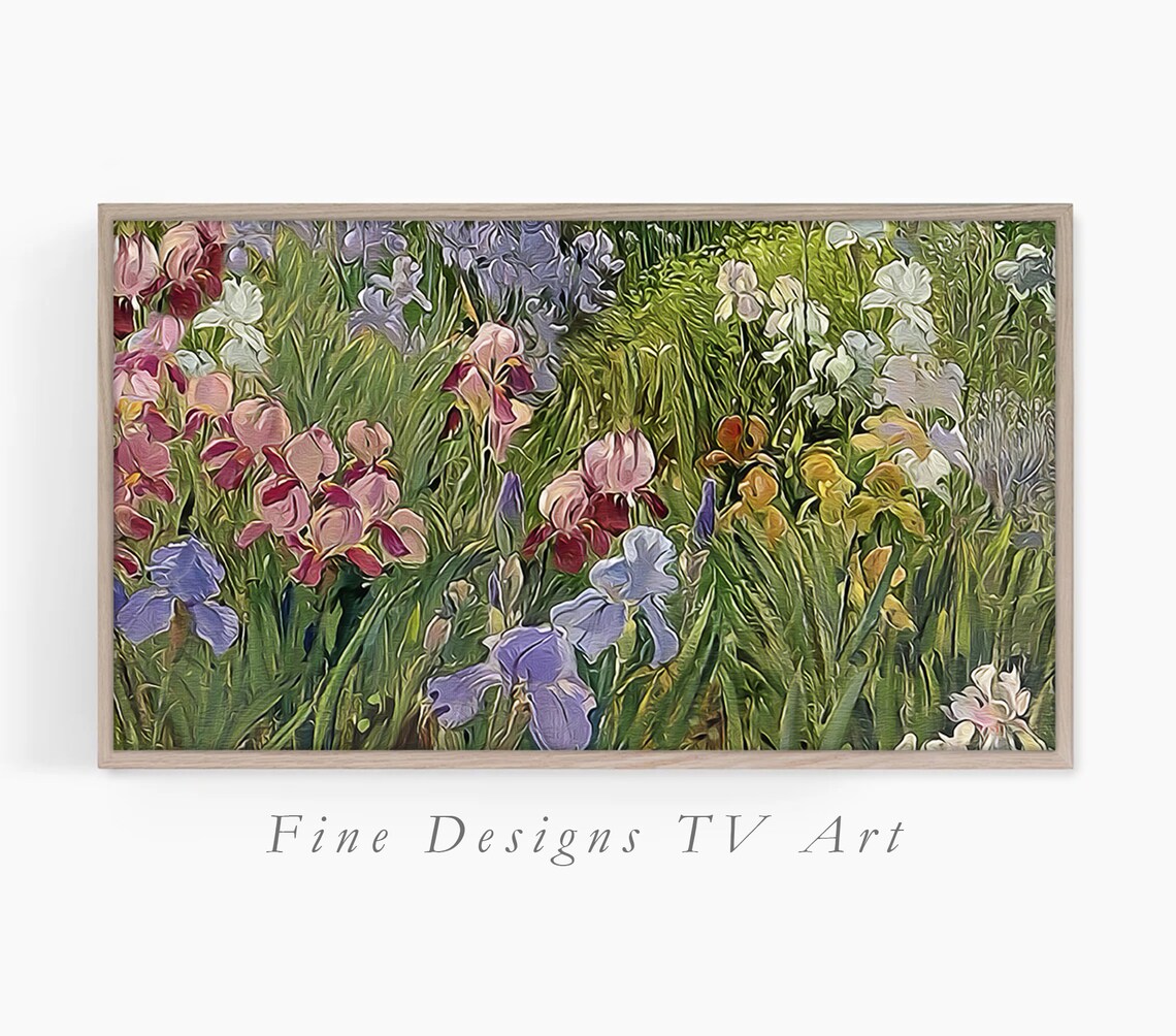 Colorful Iris Garden Purple Pink White Bloom Landscape Art Poster