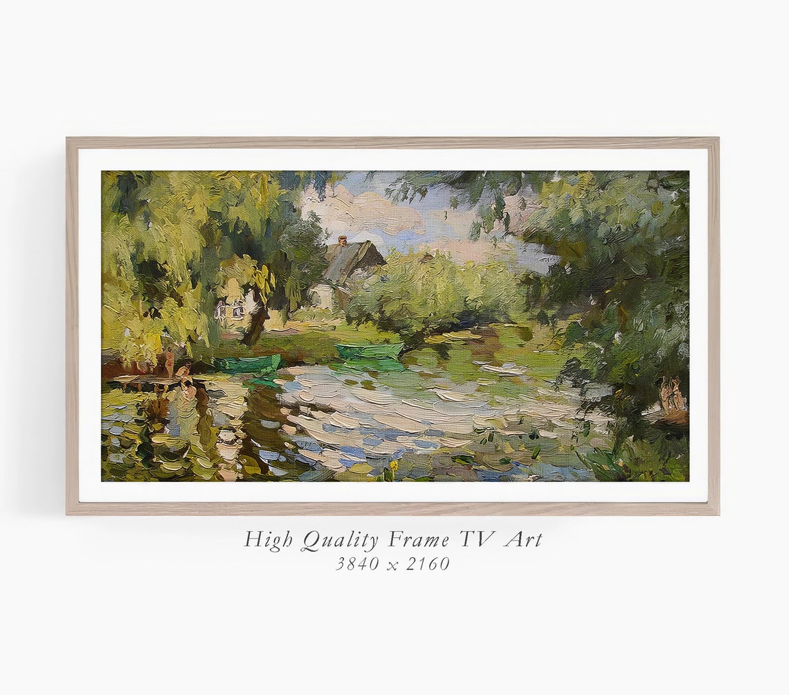 Frame Tv Art Calm River Scenery Lush Landscape Oil Painting Impressionist Tv Frame Home Decor - Image 3