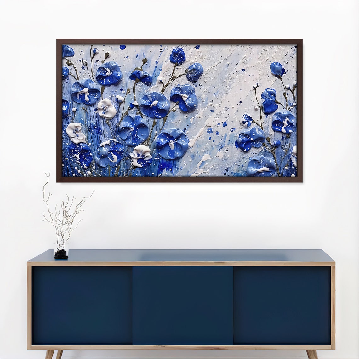 Blue White Impasto Flowers Textured Rainy Background Floral Art Print - Image 2