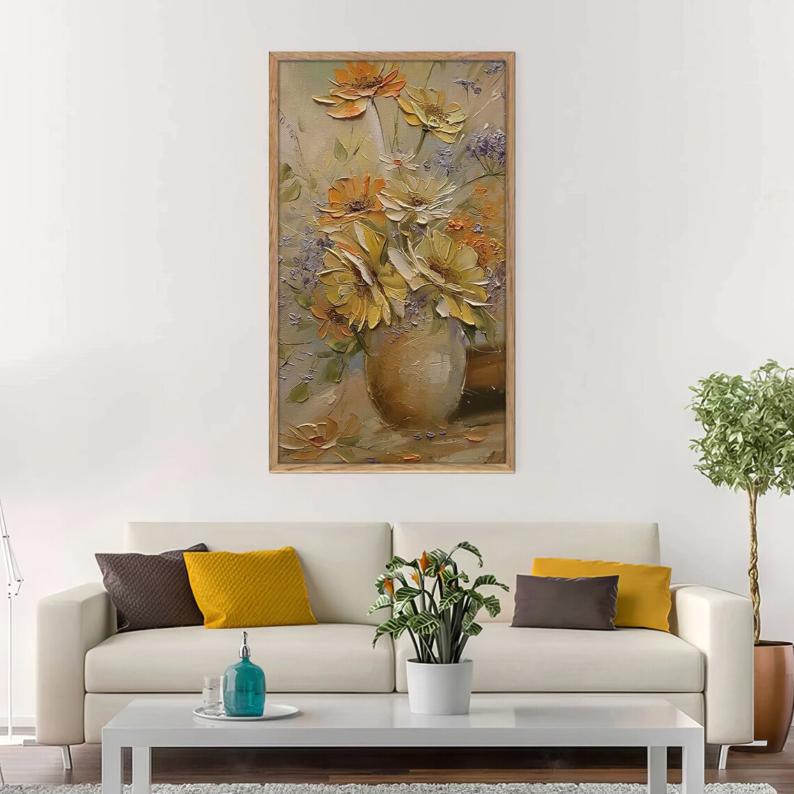 Golden Daisy Bouquet in Vase Vertical Earth Tone Floral Art Poster - Image 3