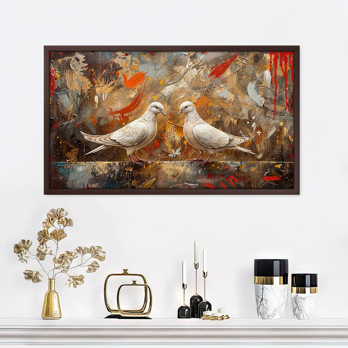 White Doves Pair Gold Abstract Background Symbolic Bird Art Print - Image 4