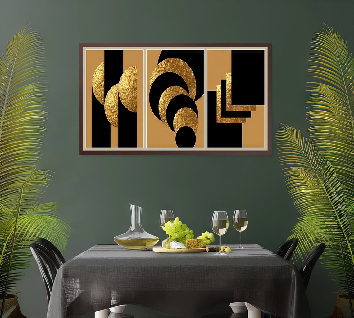 Frame Tv Art Black And Gold Geometric Shapes 3 Panel Gallery Wall - Image 2