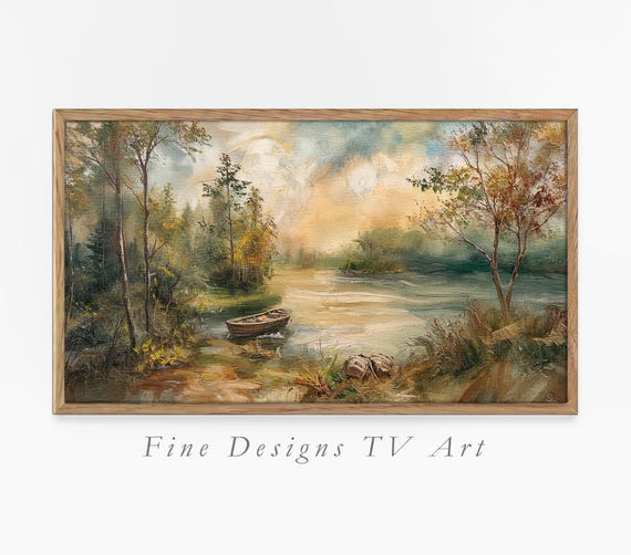 Frame Tv Art Calm River Scene Impressionist Landscape Oil Painting Earth Tone Colors Spring Tv Art