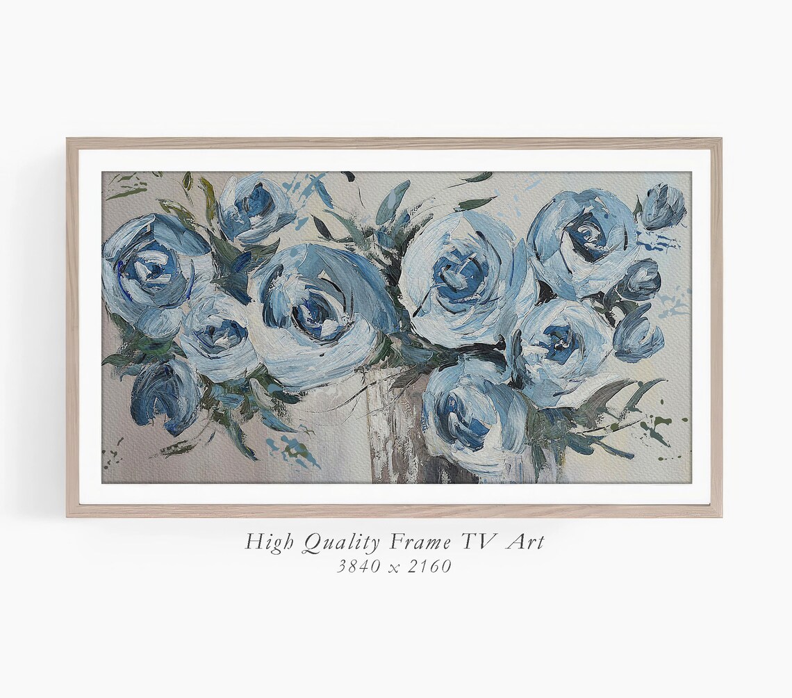 Hand Painted Blue Roses Monochrome Vase Brushwork Elegant Art Poster - Image 3