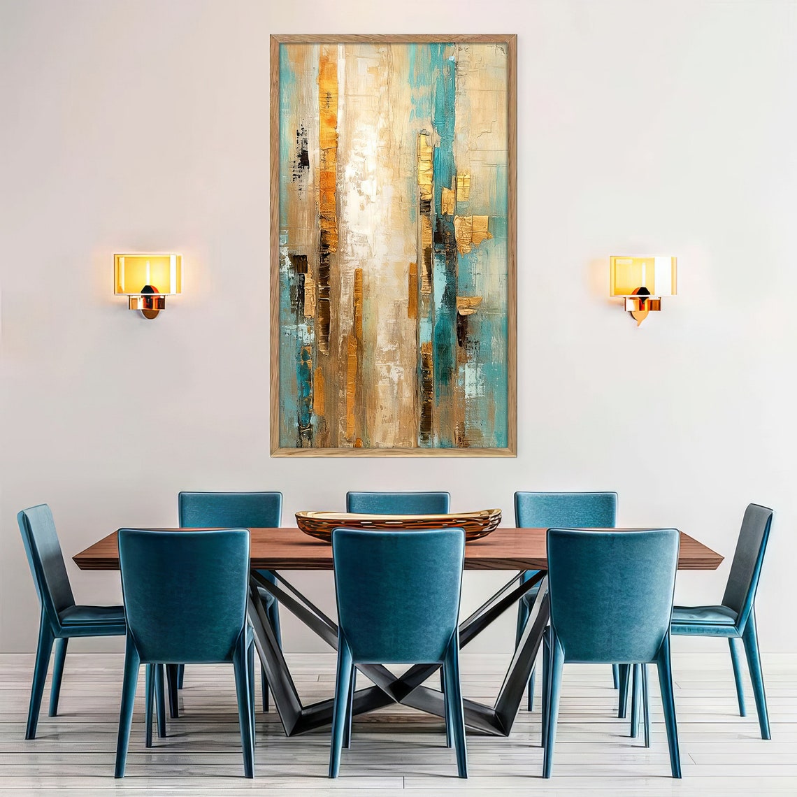 Vertical Turquoise Gold Cream Abstract Textured Modern Art Print - Image 3