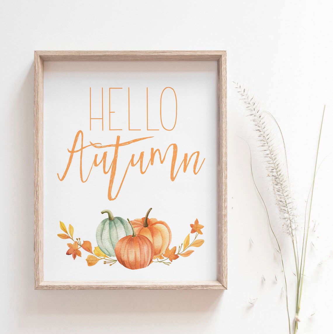 Hello Autumn Pumpkins And Leaves, Farmhouse Art Print