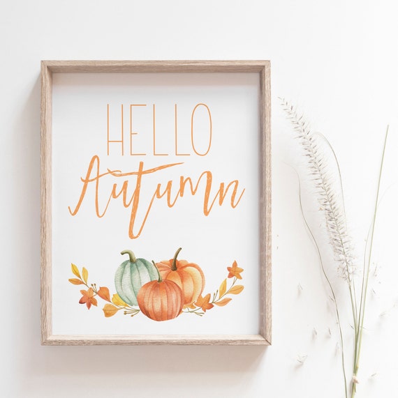 Hello Autumn Pumpkins And Leaves, Farmhouse Art Print