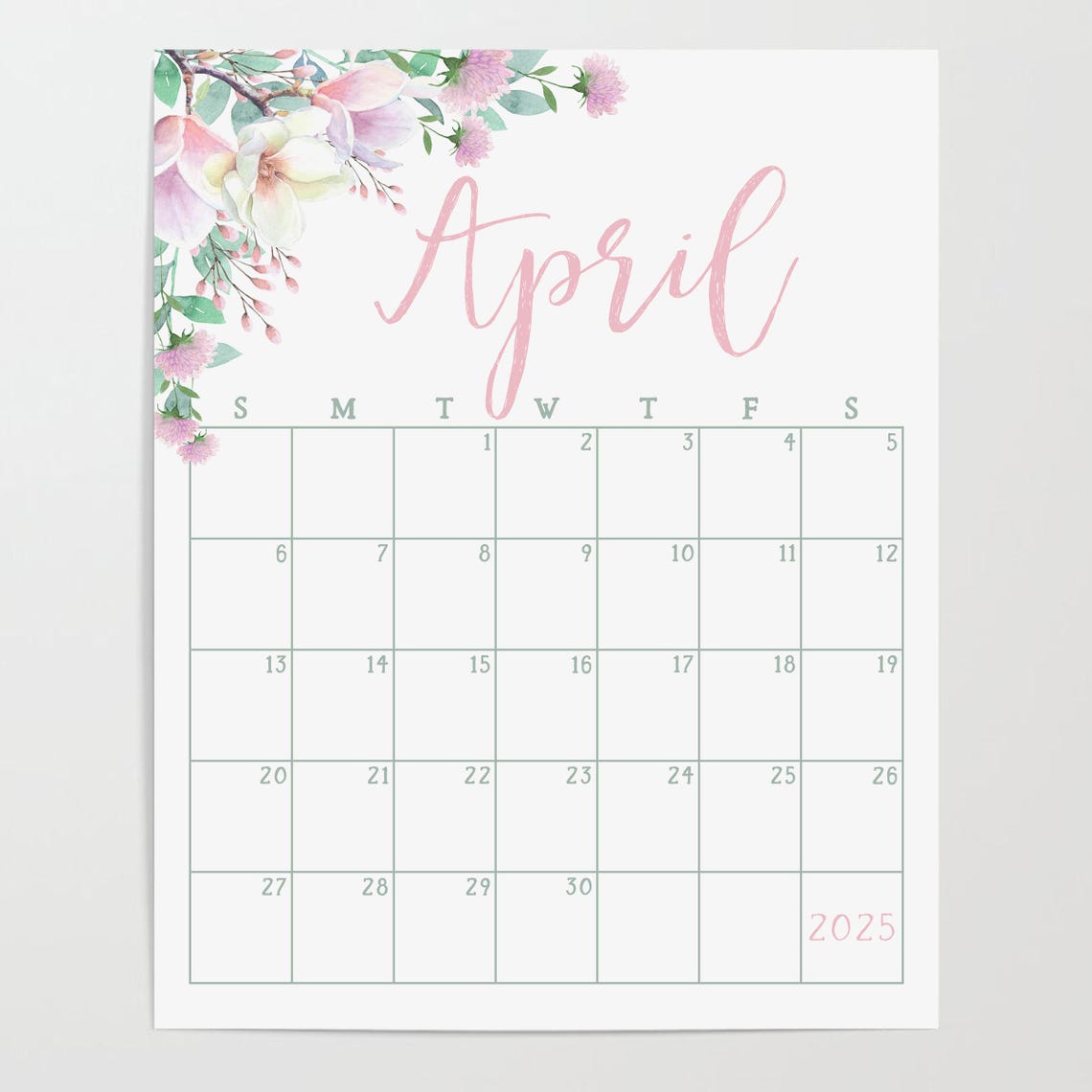 April 2025 Calendar Pink Floral Corner Spring Monthly Planner Wall Art - Image 2