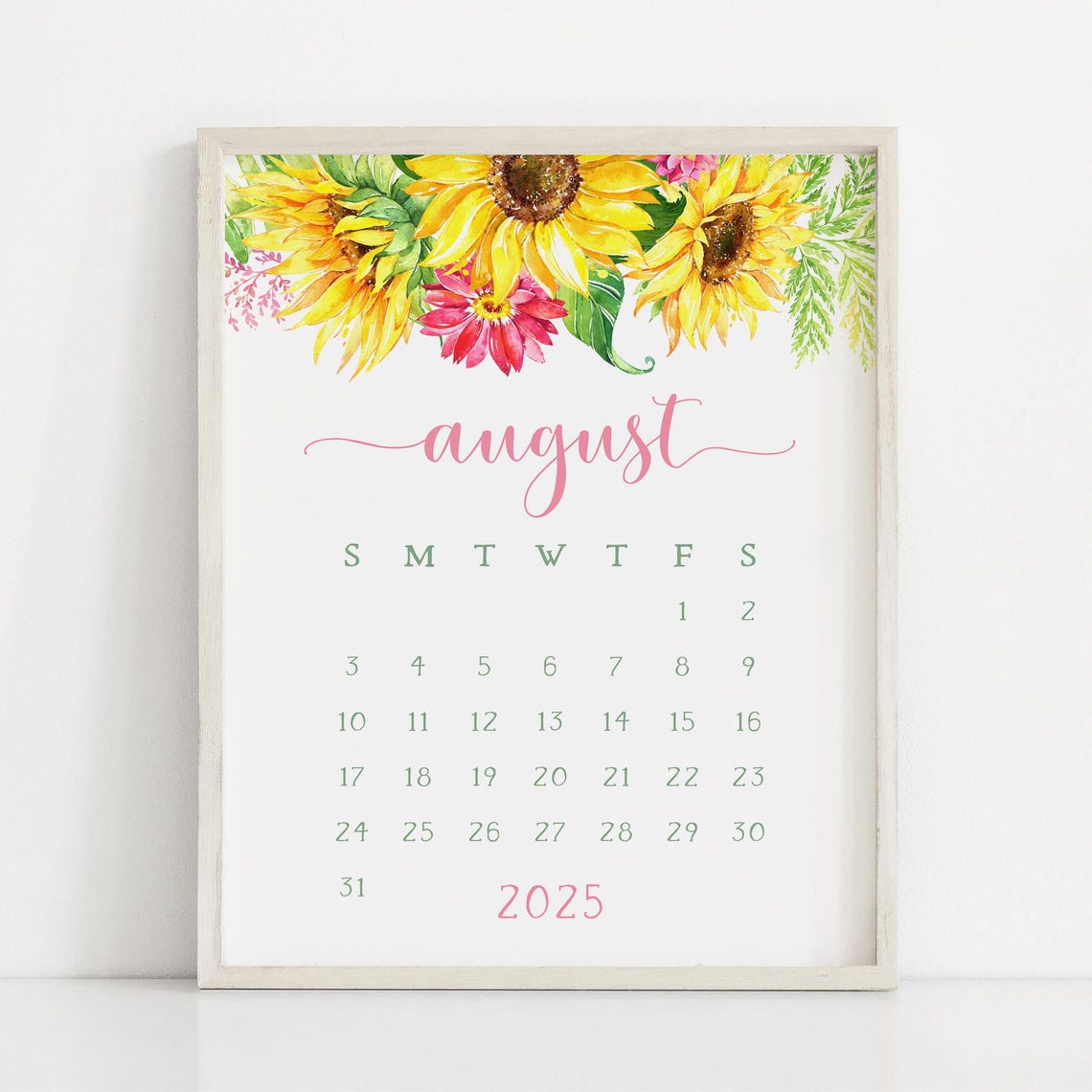 August 2025 Calendar Bright Sunflowers Pink Daisies Monthly Planner - Image 3