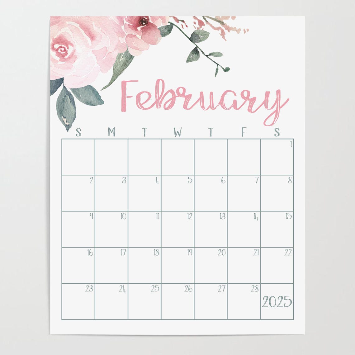 February 2025 Calendar Pink Rose Floral Monthly Planner Wall Print - Image 2