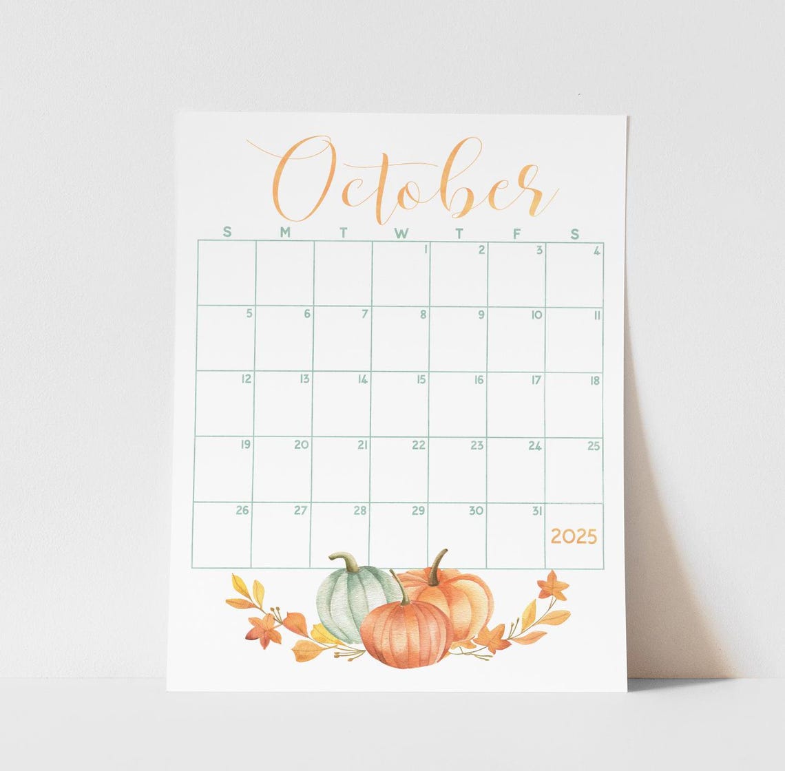 October 2025 Calendar Watercolor Pumpkins Autumn Leaves Planner - Image 2