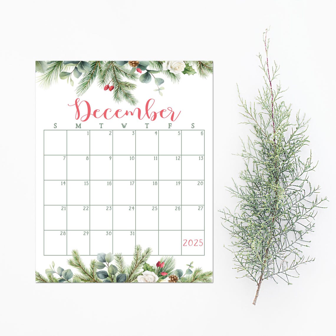 December 2025 Calendar Winter Greenery Eucalyptus Berries Print - Image 4