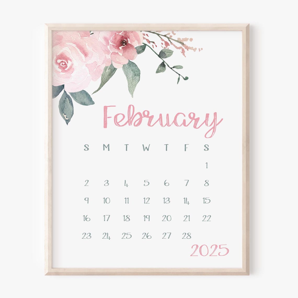 February 2025 Calendar Pink Rose Floral Monthly Planner Wall Print - Image 5