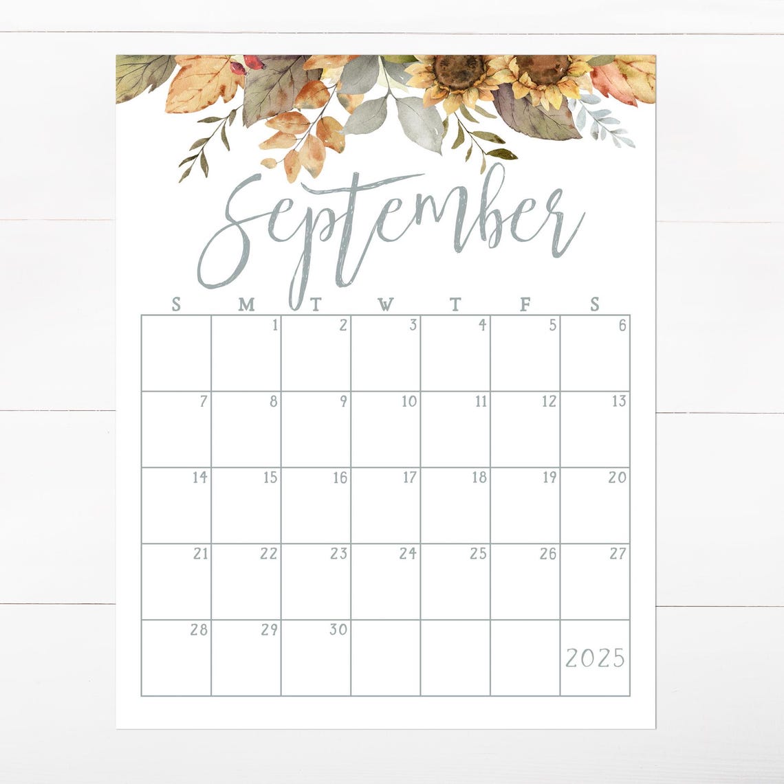 September 2025 Calendar Autumn Sunflowers Fall Leaves Planner Print - Image 2