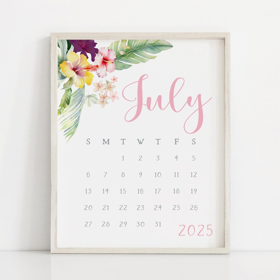 July 2025 Calendar Tropical Hibiscus Flowers Pink Monthly Planner - Image 3