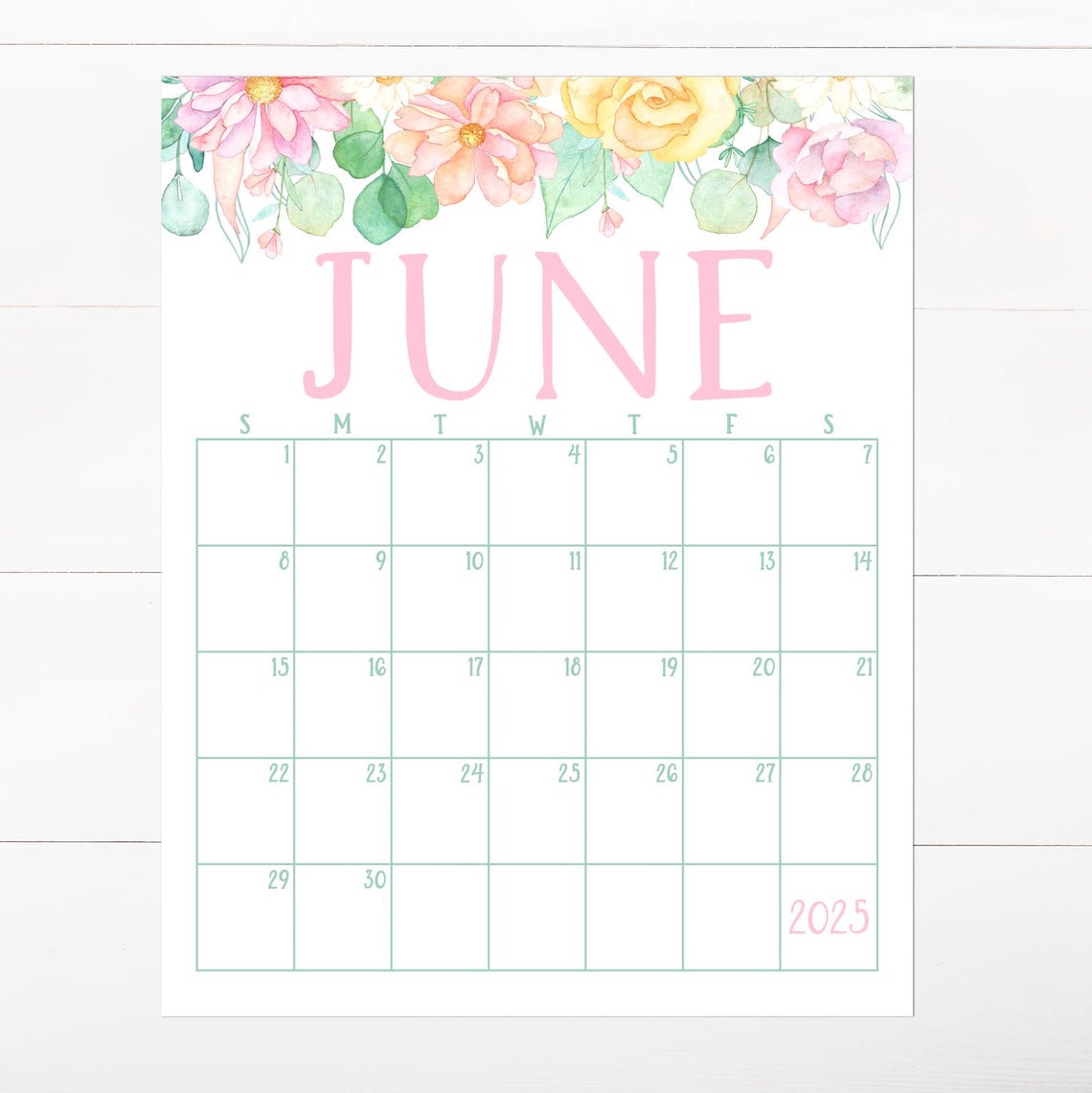 June 2025 Calendar Pastel Floral Border Summer Monthly Planner Art - Image 4