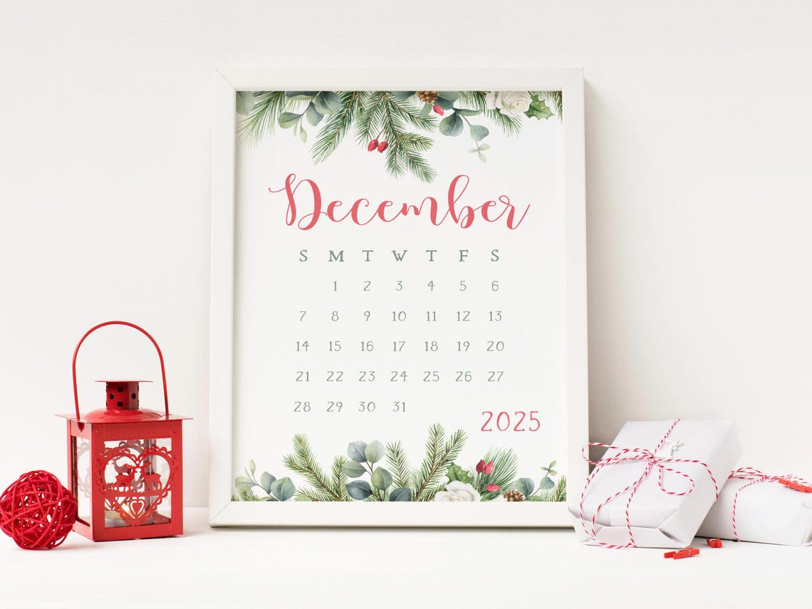 December 2025 Calendar Winter Greenery Eucalyptus Berries Print - Image 3