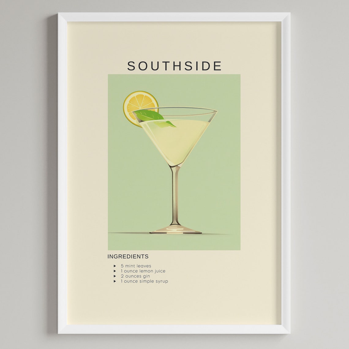 Southside Gin Mint Cocktail Recipe Elegant Martini Glass Poster