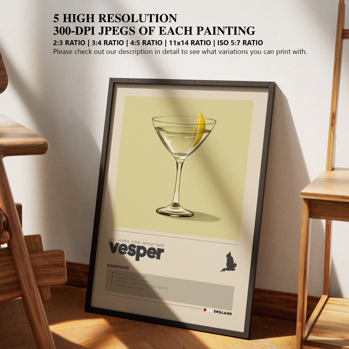 Vesper Martini Cocktail Recipe Minimalist Bar Cart Decor Poster - Image 2