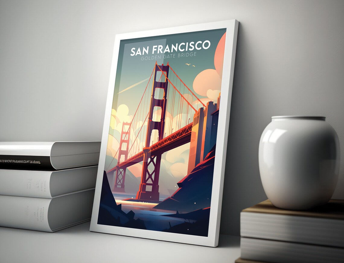 San Francisco Golden Gate Bridge Sunset Vintage Travel Poster Art - Image 3