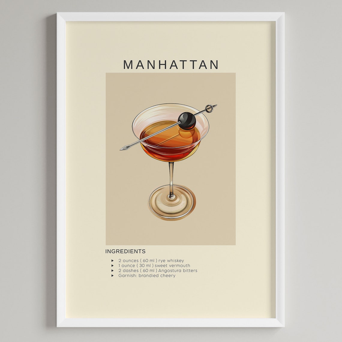 Manhattan Cocktail Rye Whiskey Recipe Minimalist Bar Decor Poster
